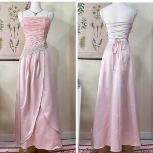 90s Y2k Embroidered Lace Up Back Formal Dress Coquette Romantic Fairy Dolly XS